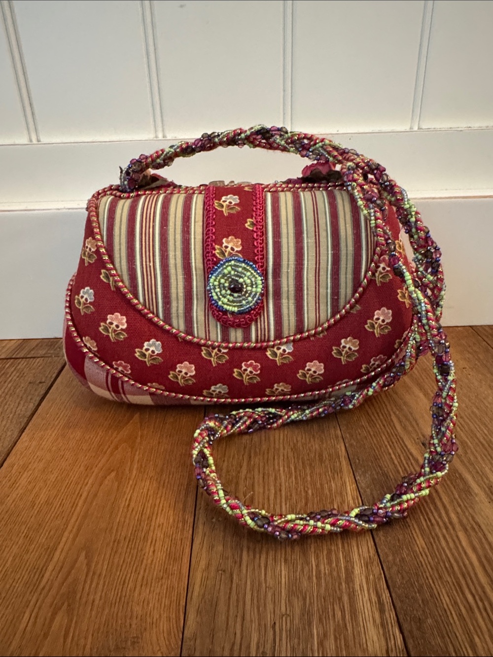 Mary Frances Red Floral Beaded Shoulder Bag with Striped Flap